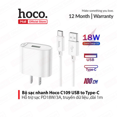 Bộ sạc nhanh USB to Type-C Hoco C109 PD18W+QC3.0  dùng cho android ,dài 100cm, chân dẹt