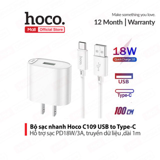 Bộ sạc nhanh USB to Type-C Hoco C109 PD18W+QC3.0  dùng cho android ,dài 100cm, chân dẹt
