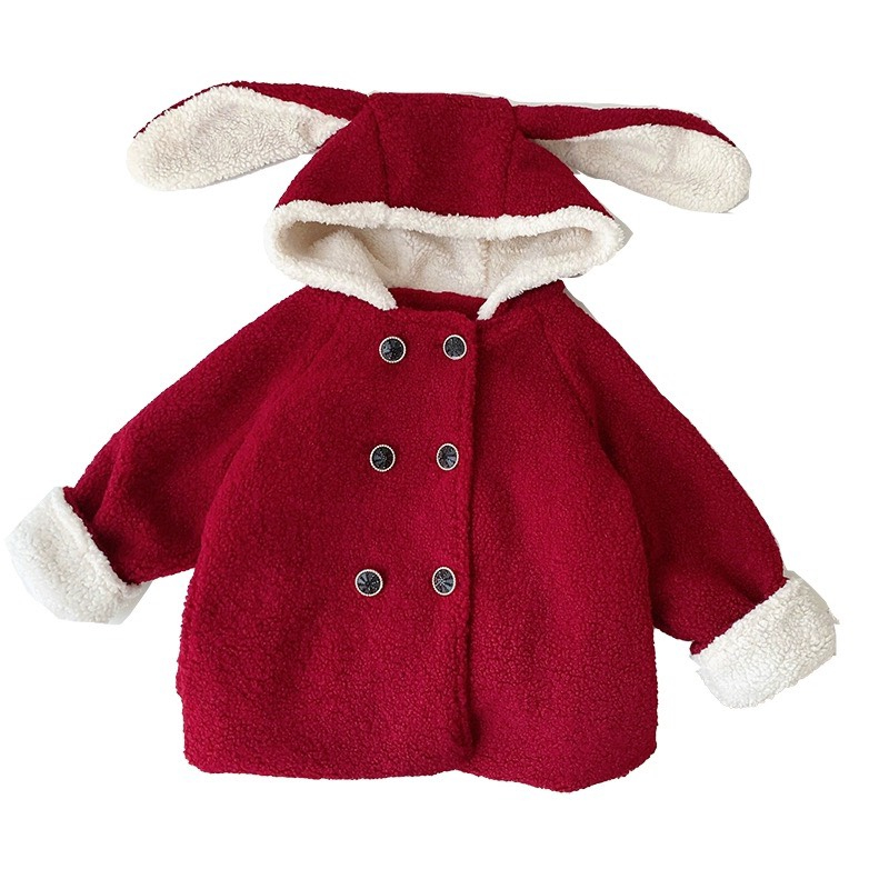 Áo khoác nỉ lông cừu thu đông cho bé gái màu đỏ cài khuy bấm 2 hàng có mũ đáng yêu