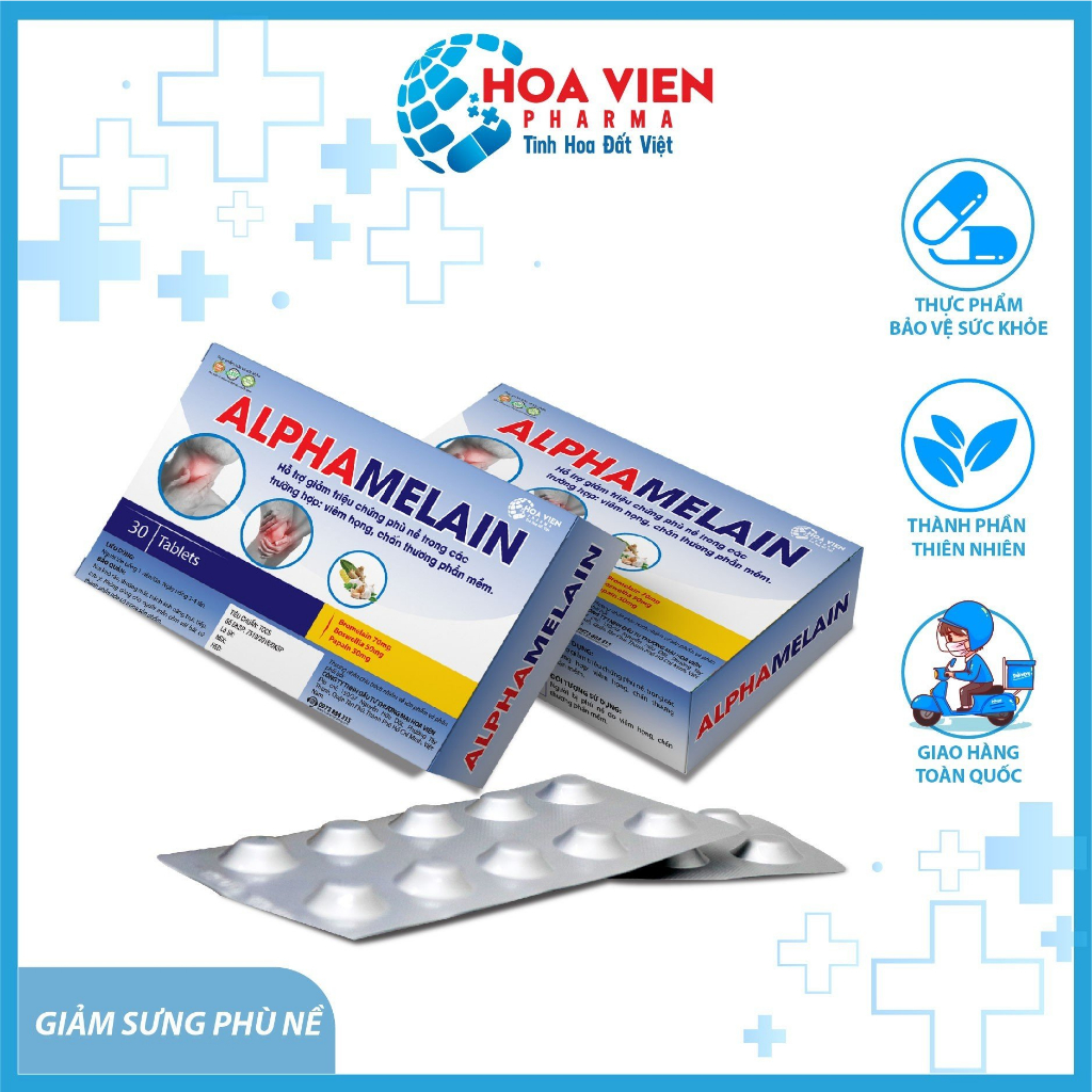 Viên Ngậm Hỗ Trợ Giảm Sưng, Tan Máu Bầm, Giảm Phù Nề Alphamelain - Hộp 30 viên