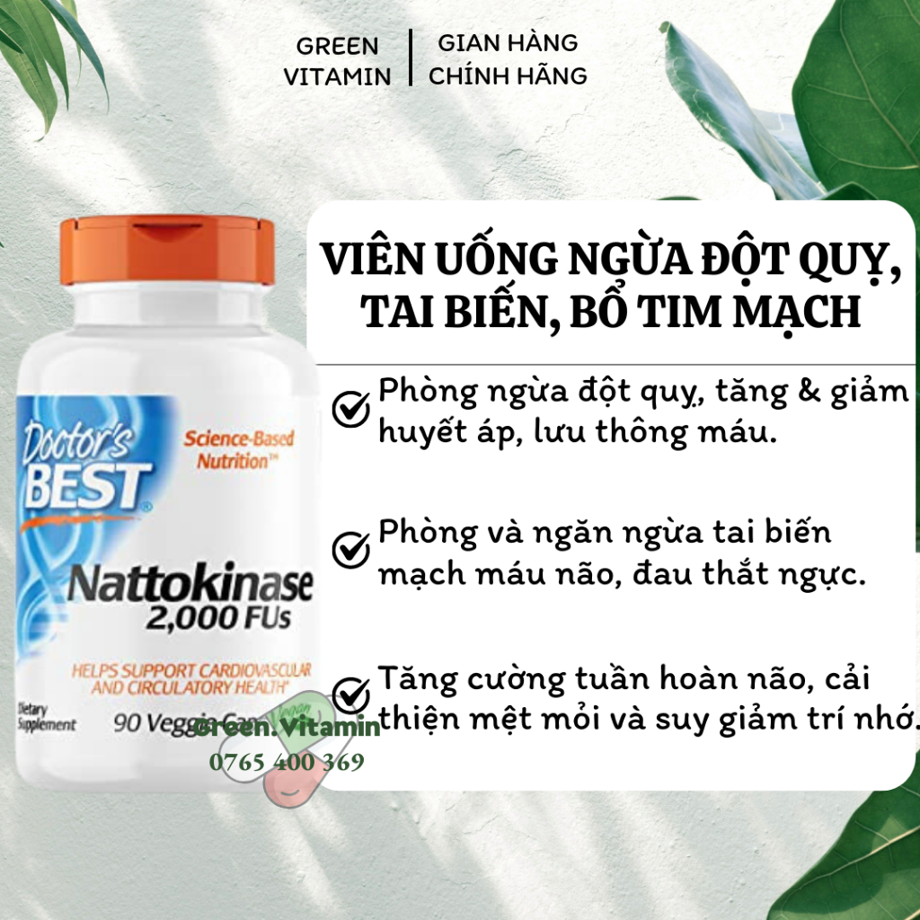 Doctor's Best Nattokinase 2000 FUs - Viên uống ngừa đột quỵ, tai biến, bổ tim mạch 90 viên