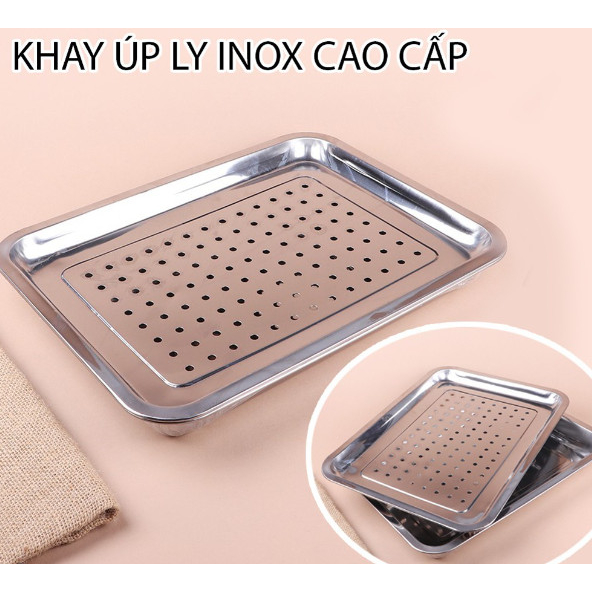Khay inox úp ly hình nhữ nhật - Khay cạn inox đựng đồ nướng CAO CẤP có lỗ thoát nước