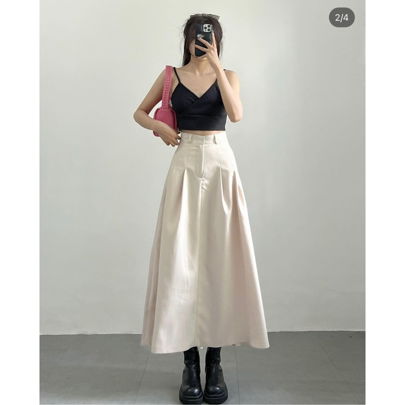 Chân váy gấp ly 2 bên eo dài 90cm nâu ánh rêu,đen