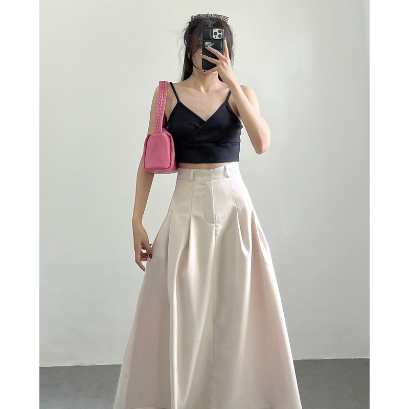 Chân váy gấp ly 2 bên eo dài 90cm nâu ánh rêu,đen