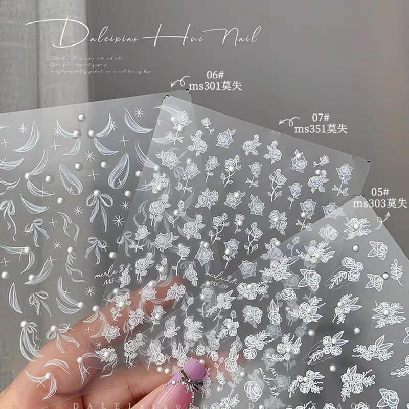 Sticker 5D hoa hồng trắng đính ngọc đính đá trang trí móng tay