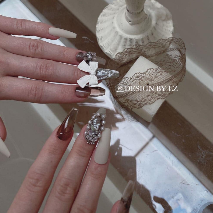 Charm nơ Trắng sắt to trang trí móng tay, phụ kiện làm móng