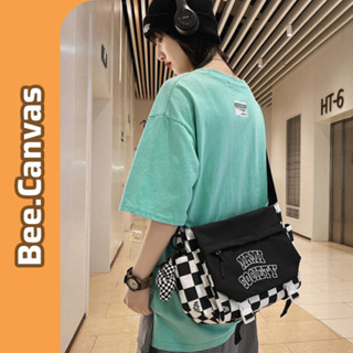  Túi đeo chéo đeo vai vải canvas cỡ lớn form to kẻ caro cho nam nữ Unisex đi học đi chơi đựng vừa laptop Bee Canvas 