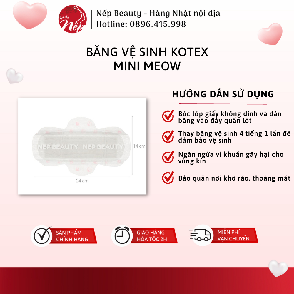 Băng vệ sinh Kotex Mini Meow, siêu mềm mỏng cánh, 24cm 8 miếng - Nepbeauty