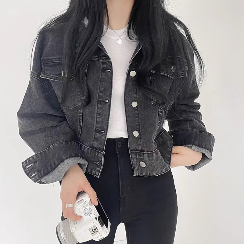 kh9|áo khoác jeans bò croptop kèm mũ hoodie hàn quốc cá tính nam nữ đi học, đi chơi gd_order