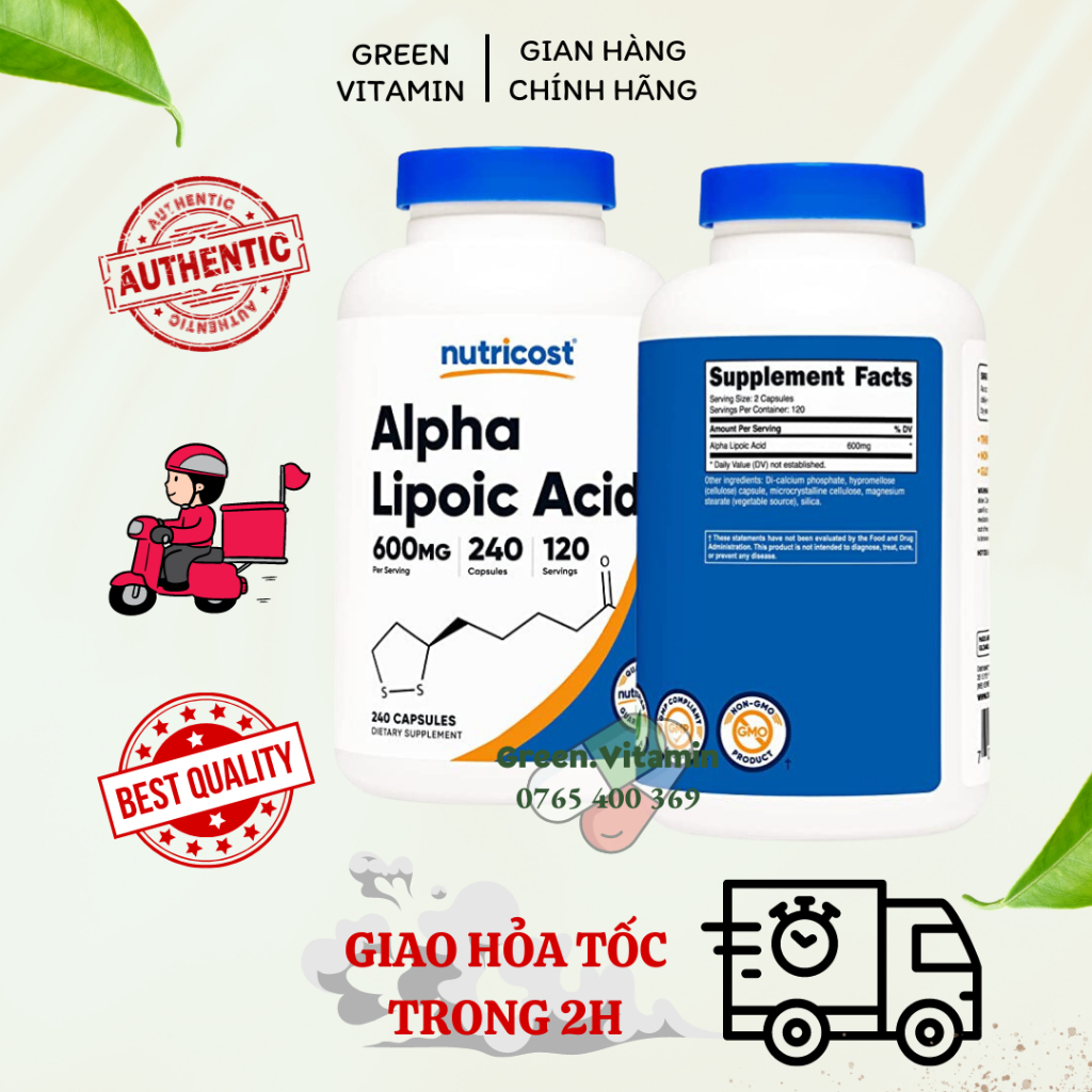 Nutricost Alpha Lipoic Acid 600mg Viên uống đẹp da, chống lão hóa và hỗ trợ người tiểu đường 240 viên