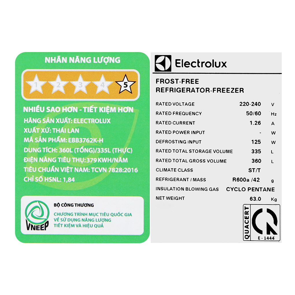 Tủ lạnh Electrolux Inverter 335 Lít EBB3762K-H 2021