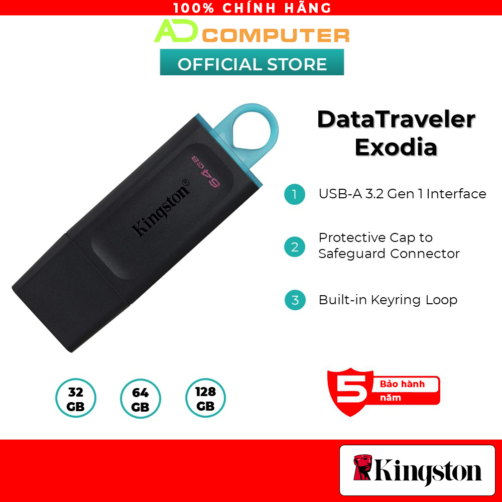 USB 3.2 Kingston DataTraveler Exodia DTX 64Gb DTX/64GB thời trang với nắp bảo vệ và móc khóa màu sắc