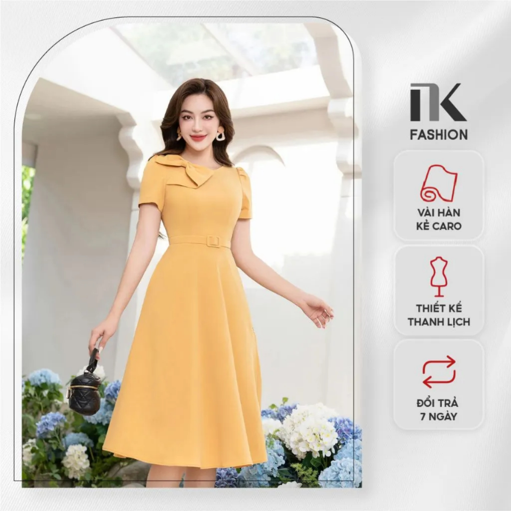 Đầm Xòe Nơ Cổ Đai Eo NKFDV2304003 Thương Hiệu NK Fashion Công Sở Nữ Sang Trọng, Thanh Lịch, Tôn Dáng, Thiết kế Cao Cấp