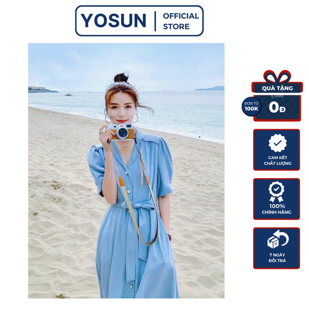Đầm Nữ Cổ Sơ Mi Nút Ngọc Tay Ngắn Thắt Nơ Eo Trẻ Trung, Đầm Váy Nữ Đi Chơi Midi Dáng Xòe Màu Xanh