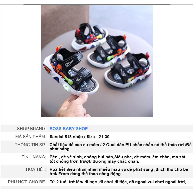 Dép sandal bé trai 2-6 tuổi siêu nhân nhện có đèn led đế nhẹ phong cách thời trang