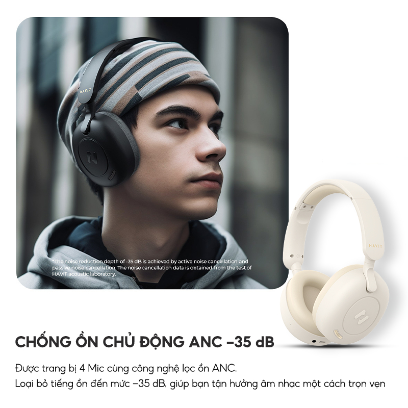 Tai Nghe Headphone Bluetooth HAVIT H655BT, BT 5.3, Chống Ồn Chủ Động ANC, Gamemode 60ms, Nghe Đến 65H - Hàng Chính Hãng