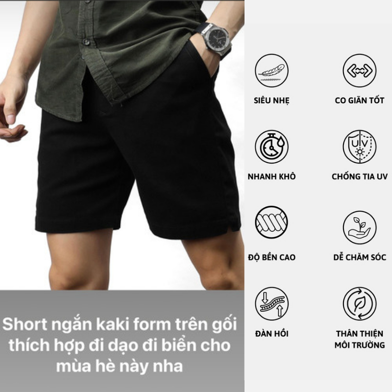 Quần short nam HUSSIO, vải kaki co giãn nhẹ, form regular | short