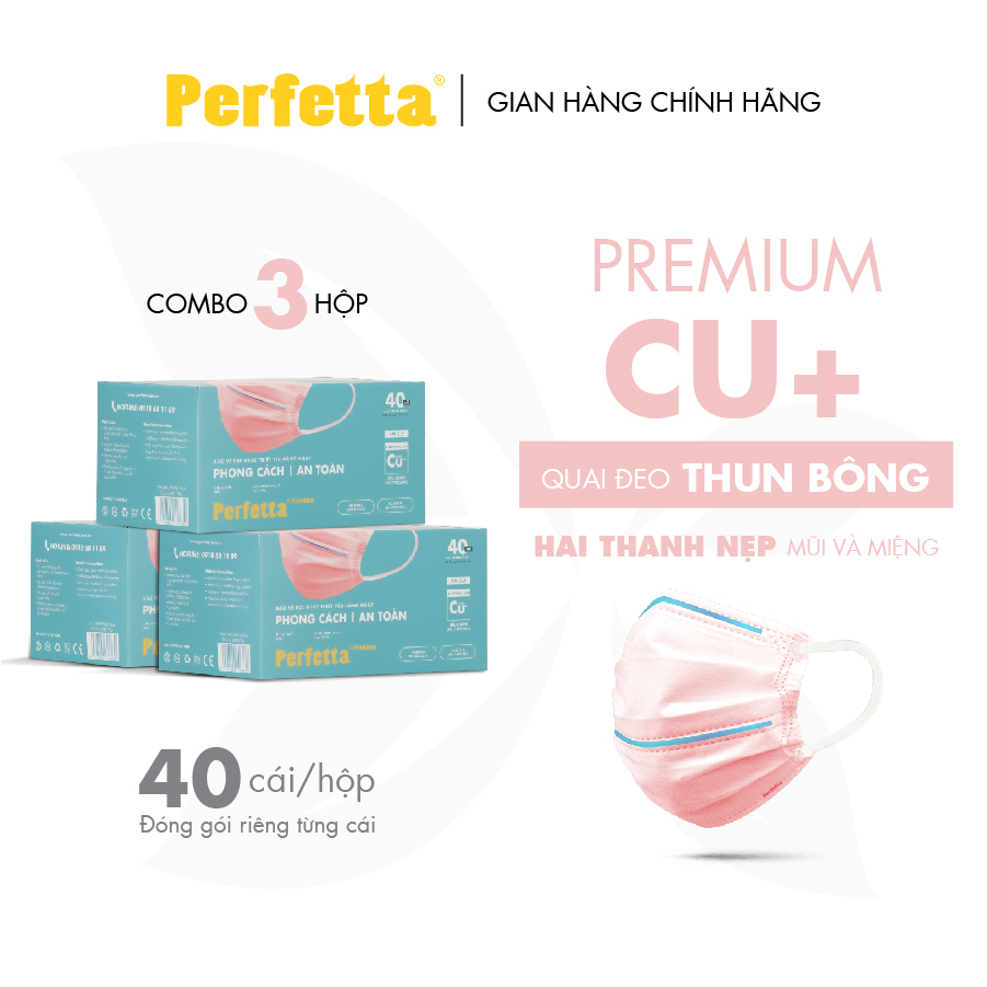 Combo 3 hộp khẩu trang y tế 3 lớp PERFETTA Premium cao cấp hai thanh mũi miệng phủ Nano đồng (40 cái/hộp)