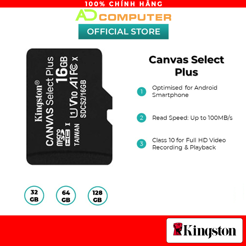 Thẻ nhớ microSD Kingston Canvas Select Plus tương thích Android A1 tốc độc tới 100MB/s 32Gb