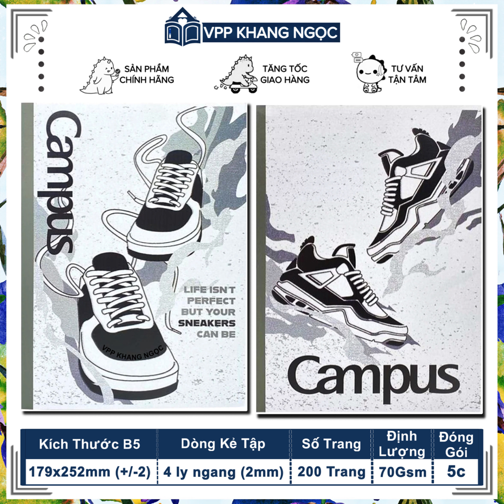 Lốc 5 Quyển Tập Sinh Viên 200 Trang Kẻ 4 Ly Ngang Sneakers Campus - Tập Vở B5 Giấy 70Gsm