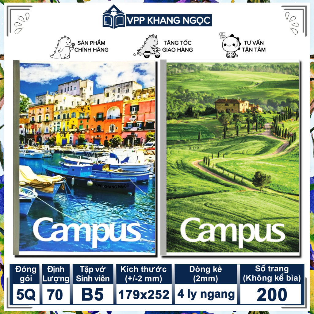 Lốc 5 Quyển Tập Sinh Viên 200 Trang Kẻ 4 Ly Ngang Campus - Sightseeing Khổ B5, ĐL 70Gsm
