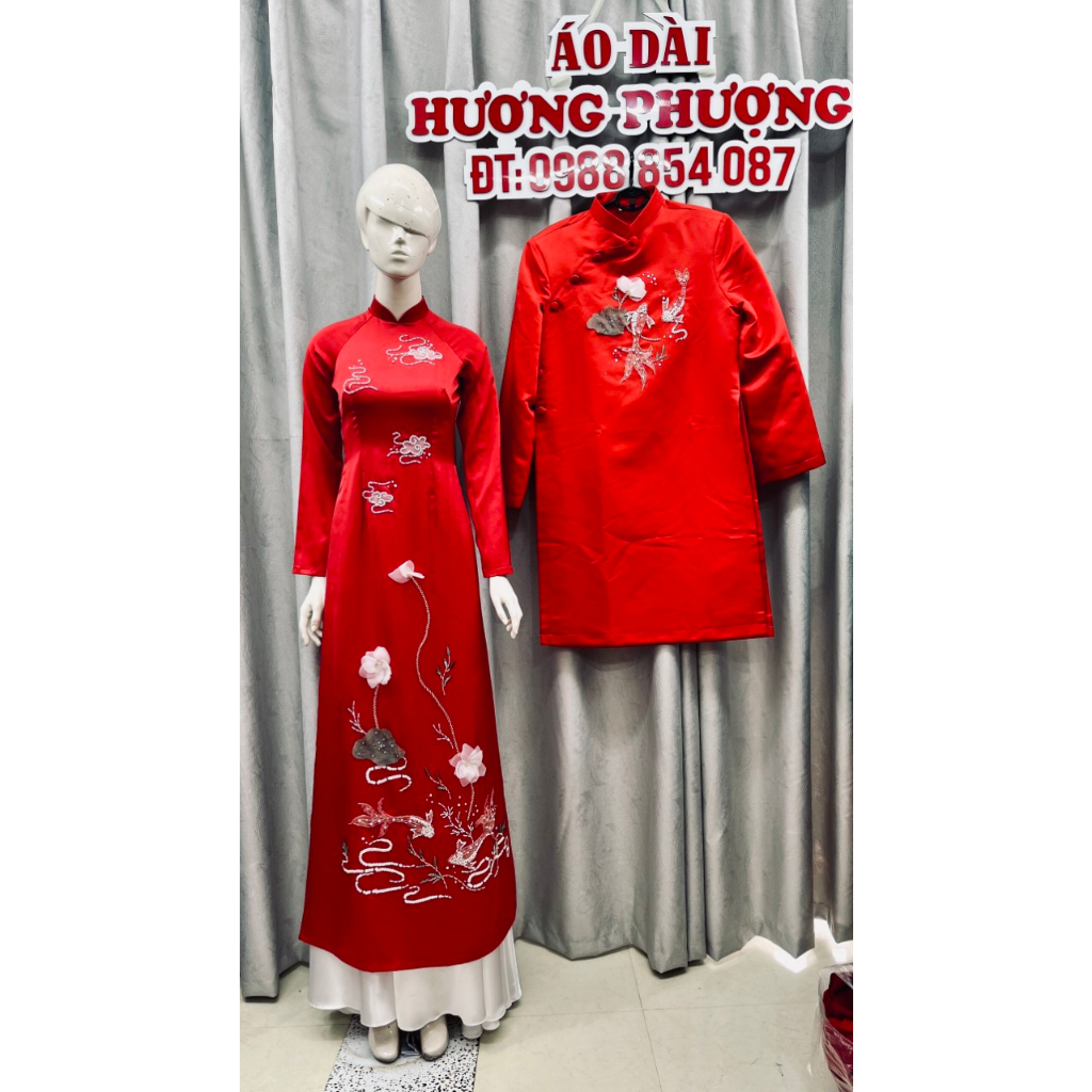 Áo Dài cưới màu đỏ họa tiết Song Ngư