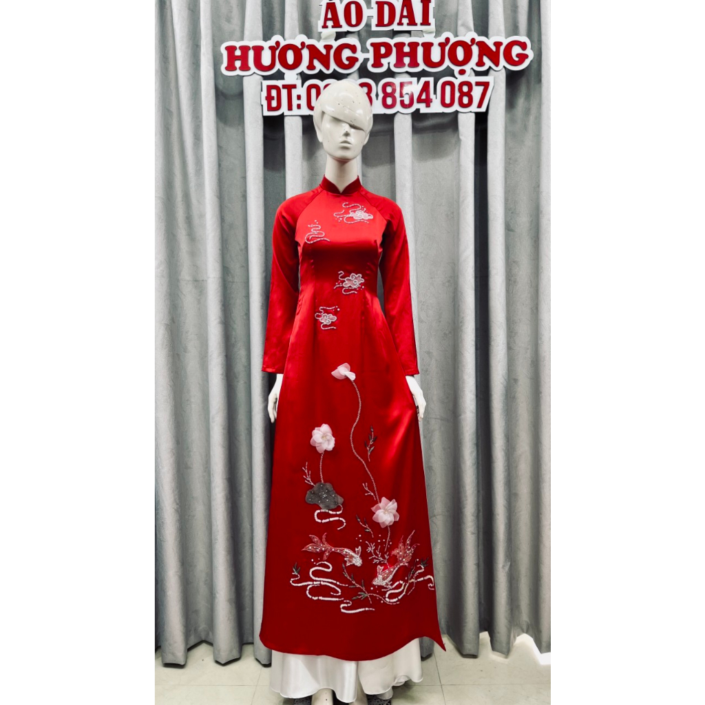 Áo Dài cưới màu đỏ họa tiết Song Ngư