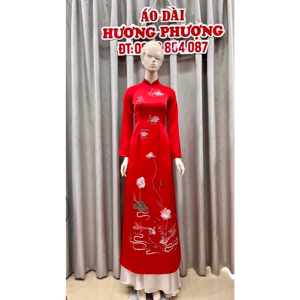 Áo Dài cưới màu đỏ họa tiết Song Ngư