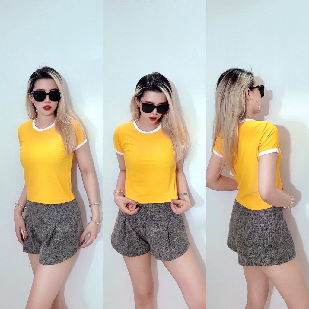 Áo Thun Nữ Vàng Tay Viền Chất Liệu Thun Gân VNXK