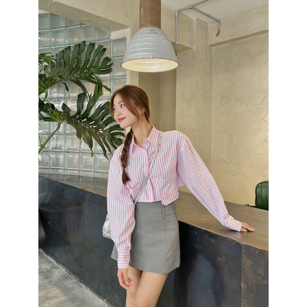 Áo sơ mi croptop kẻ hồng Somin blouse