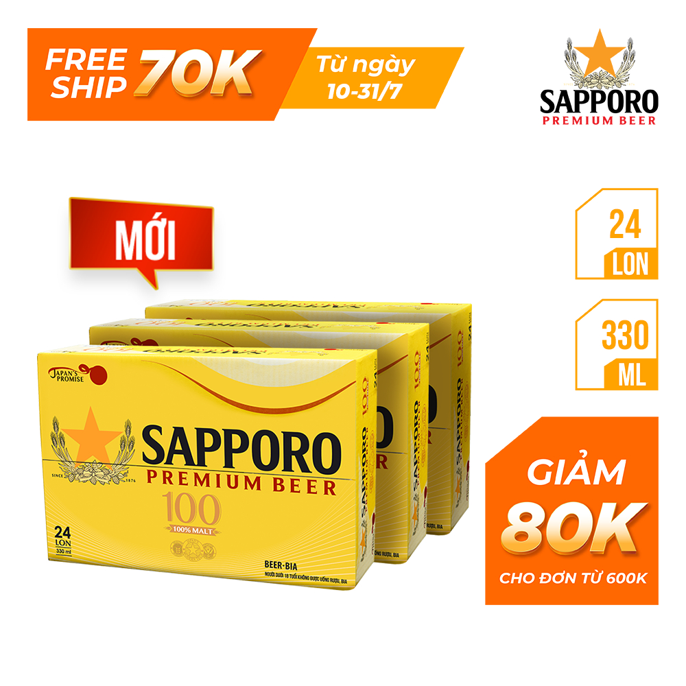 [GIAO HỎA TỐC]Combo 03 thùng Sapporo Premium 1OO - 24 lon 330ml - 3.5% cồn