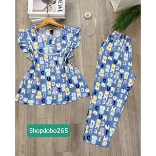 Đồ bộ nữ,đồ ngủ mặc nhà lửng 9 tấc cổ phối ren tay cánh tiên vải lanh BL 39 họa tiết dễ thương size 51-70kg.