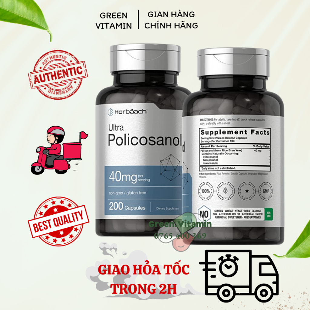 Horbaach Ultra Policosanol 40mg - Viên uống giảm Cholesterol và hỗ trợ sức khỏe tim mạch 200 viên