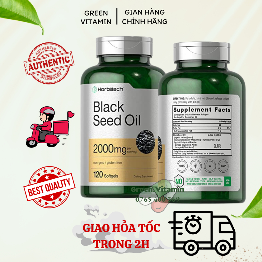 Viên uống dầu hạt thì là đen Horbaach Black Seed Oil 2000mg hỗ trợ miễn dịch, chống oxy hóa và giảm viêm 120 viên