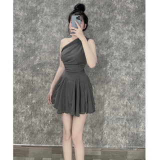 Đầm xoè thun gân lệch bên vai siêu sang chảnh