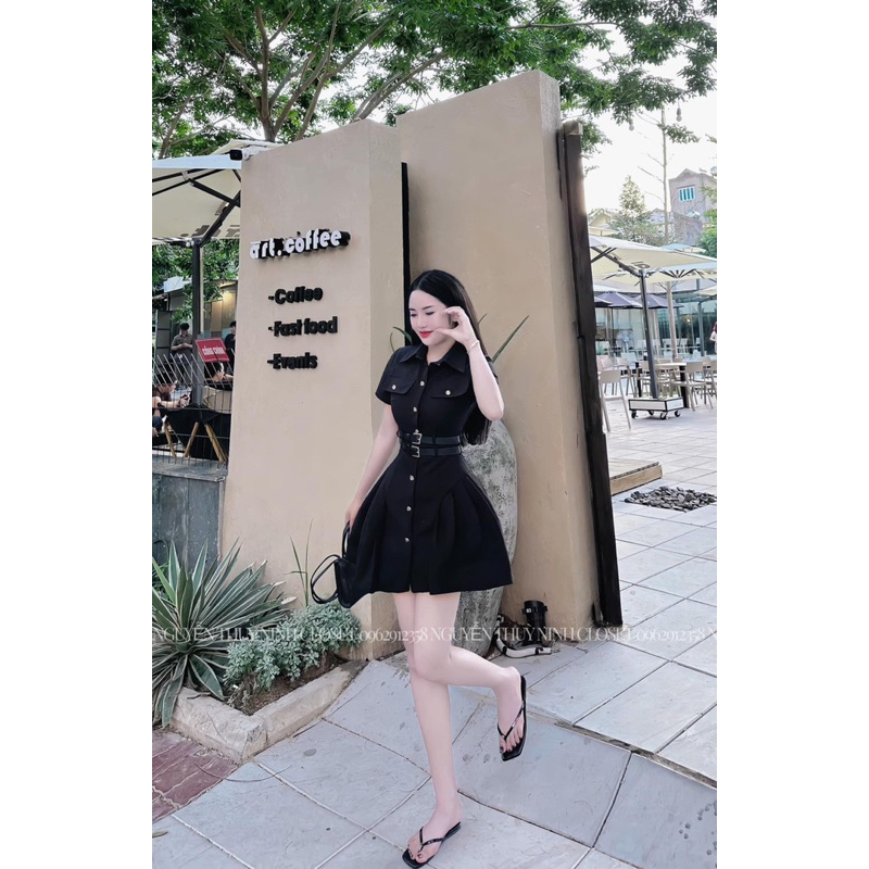 Bigsize Đầm kaki dáng xoè phối hai dây nịt 55-95kg