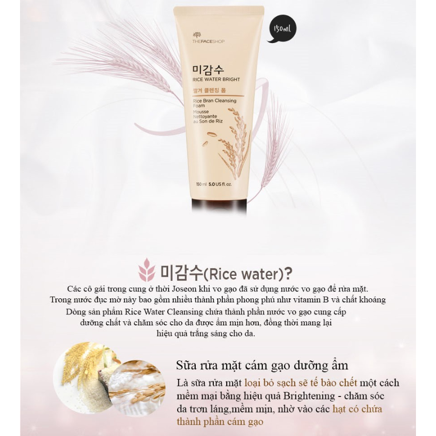 Sữa rửa mặt gạo The Face Shop Rice Water Bright Rice Bran Cleansing Foam TFS dưỡng ẩm sáng mịn da 150ml
