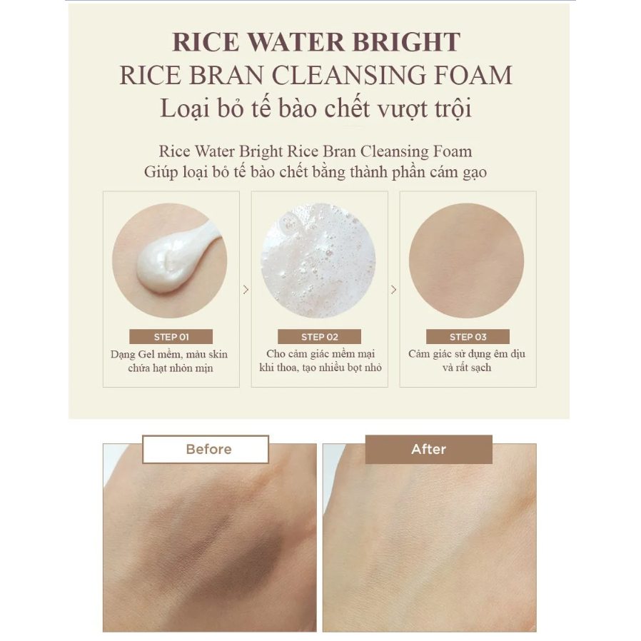 Sữa rửa mặt gạo The Face Shop Rice Water Bright Rice Bran Cleansing Foam TFS dưỡng ẩm sáng mịn da 150ml