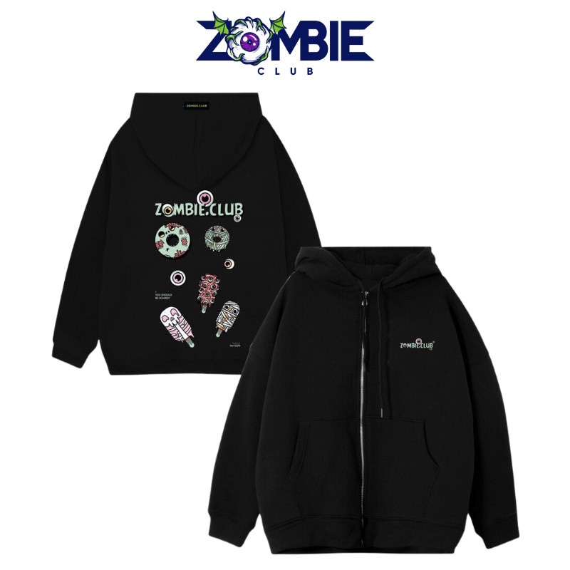 Áo hoodie zip Zombie Club Cream Donut Typo form rộng unisex nam nữ vải nỉ bông cao cấp dày mịn không đổ lông HZB09