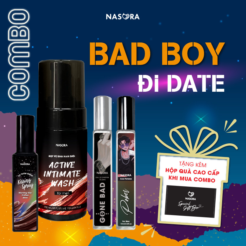 [COMBO BAD BOY ĐI DATE] Bộ Sản Phẩm Nasora 4 IN 1 Gồm Kissing Spray Cooling Kiss, Bọt Vệ Sinh Nam Giới, Nước Hoa Nam