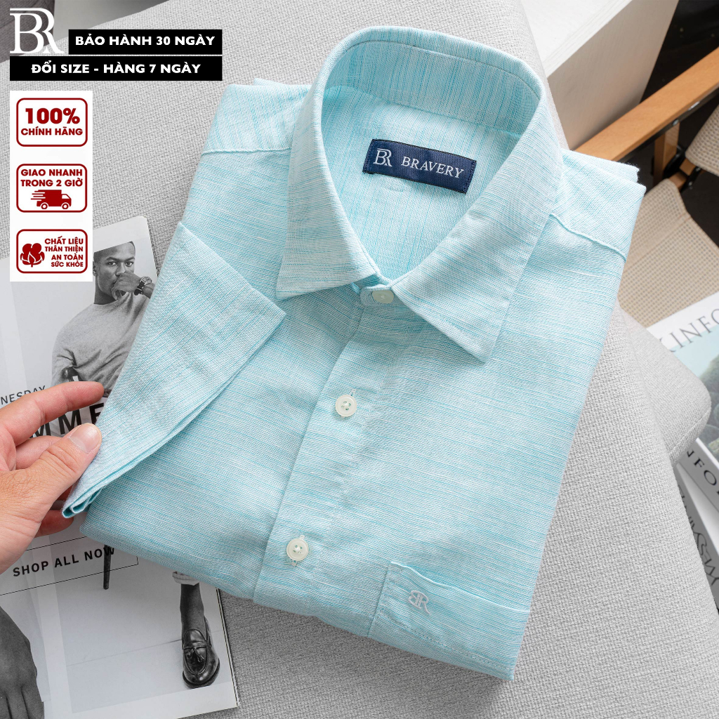Áo sơ mi linen BR tay ngắn xanh biển mềm mịn thoáng mát, form regular - Bravery