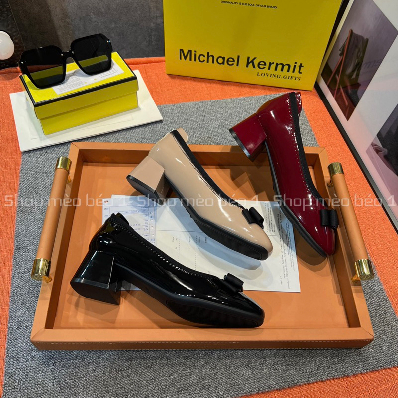 Giày búp bê nơ ngang gót vuông da bóng fullbox hàng quảng châu cao cấp