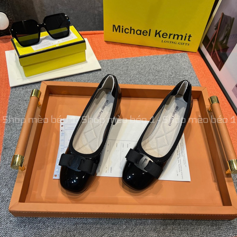 Giày búp bê nơ ngang gót vuông da bóng fullbox hàng quảng châu cao cấp