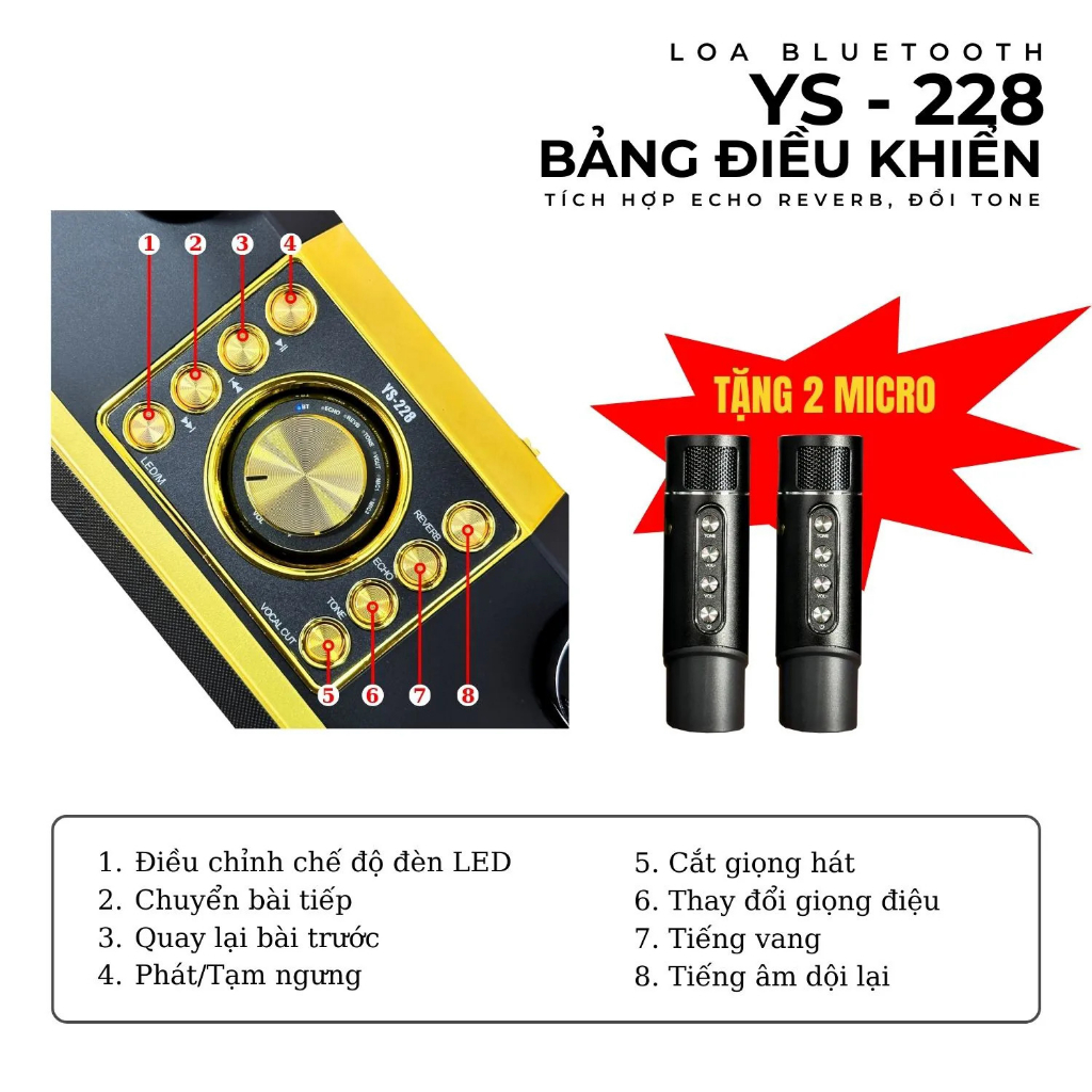 Loa Bluetooth Karaoke YS228 - Âm Bass Cực Chắc Kèm 2 Micro Không Dây - Bảo Hành 6 Tháng