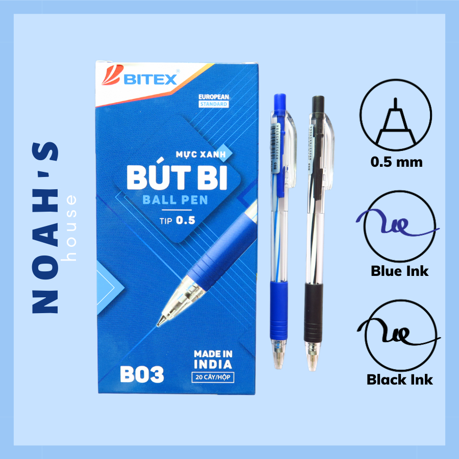 [NOAH'S HOUSE] Bút Viết Bi Bấm BITEX Ball Pen B03 Ngòi 0.5mm, Mực Xanh, Đen - Nét Chữ Đều, Mềm Mại, Thích Hợp Ghi chép