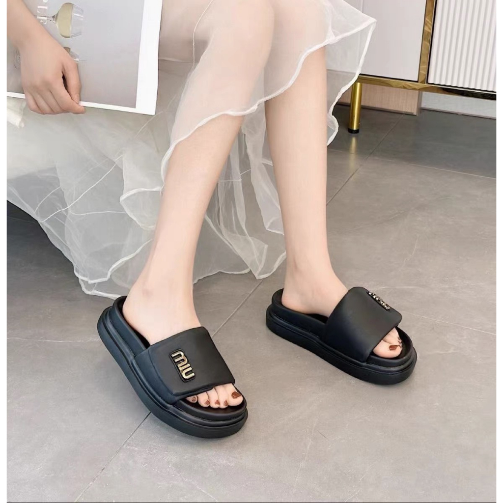 Dép bánh mì quai ngang Miu đế cao 5cm da mềm phong cách Hàn Quốc