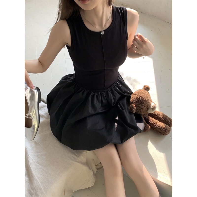 Váy xoè liền áo ba lỗ cực phồng trendy Có sẵn Đen M mặc siêu ôm người