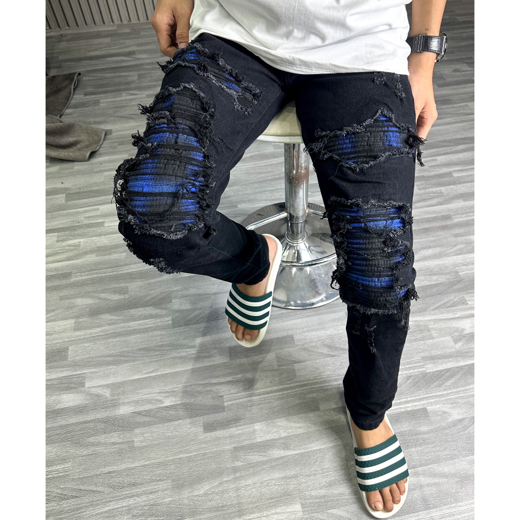 Quần dài nam amiri đen vá vải xanh đen cứng dành cho boy phố siêu rẻ