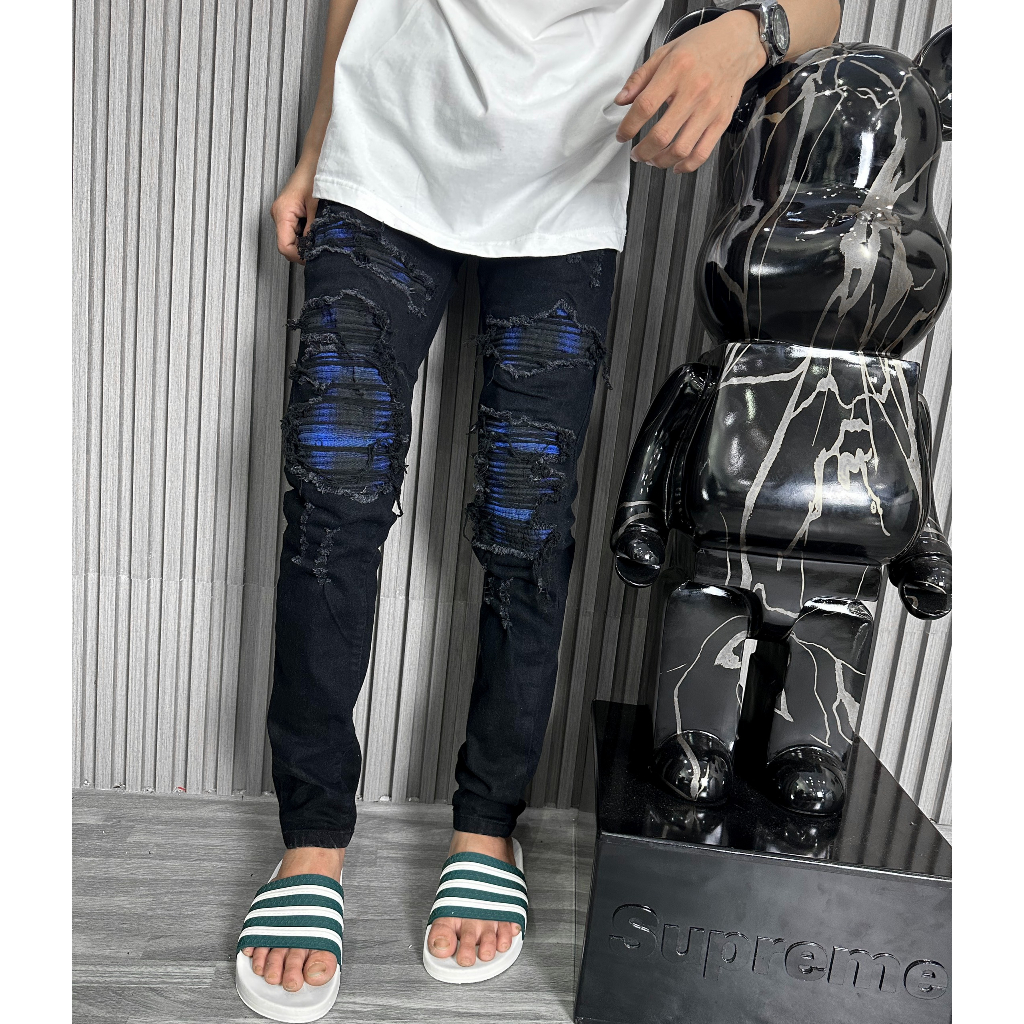 Quần dài nam amiri đen vá vải xanh đen cứng dành cho boy phố siêu rẻ