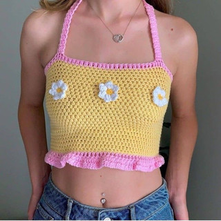 Áo yếm 3 hoa - áo croptop len handmade